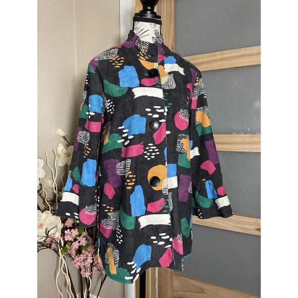 Multiples Jackets & Blazers - Women's Abstract Print Art Jacket Blouson Coat Button Front Retro Colorblock